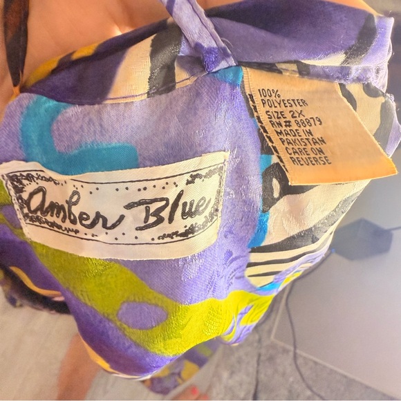 Vintage amber blue kaftan 2x tropical floral print beach cover maxi house dress - Picture 7 of 7